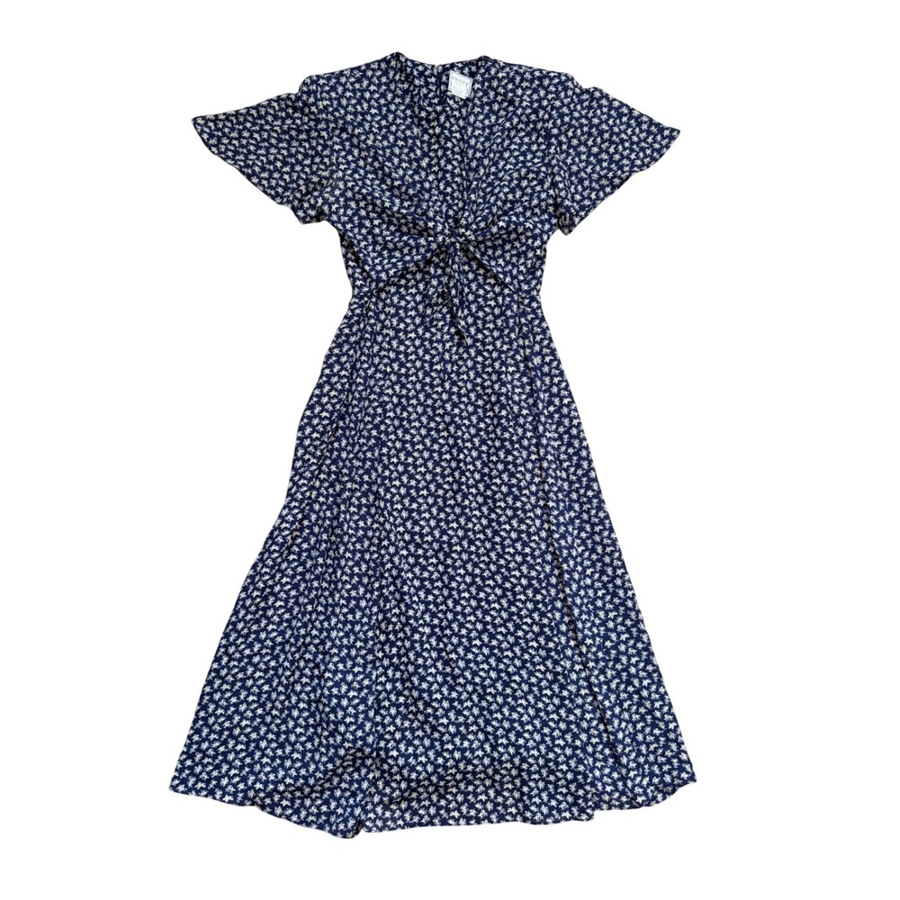 Vintage Navy Blue Ditsy Floral Tie Front Midi Dress 12 cottage prairie